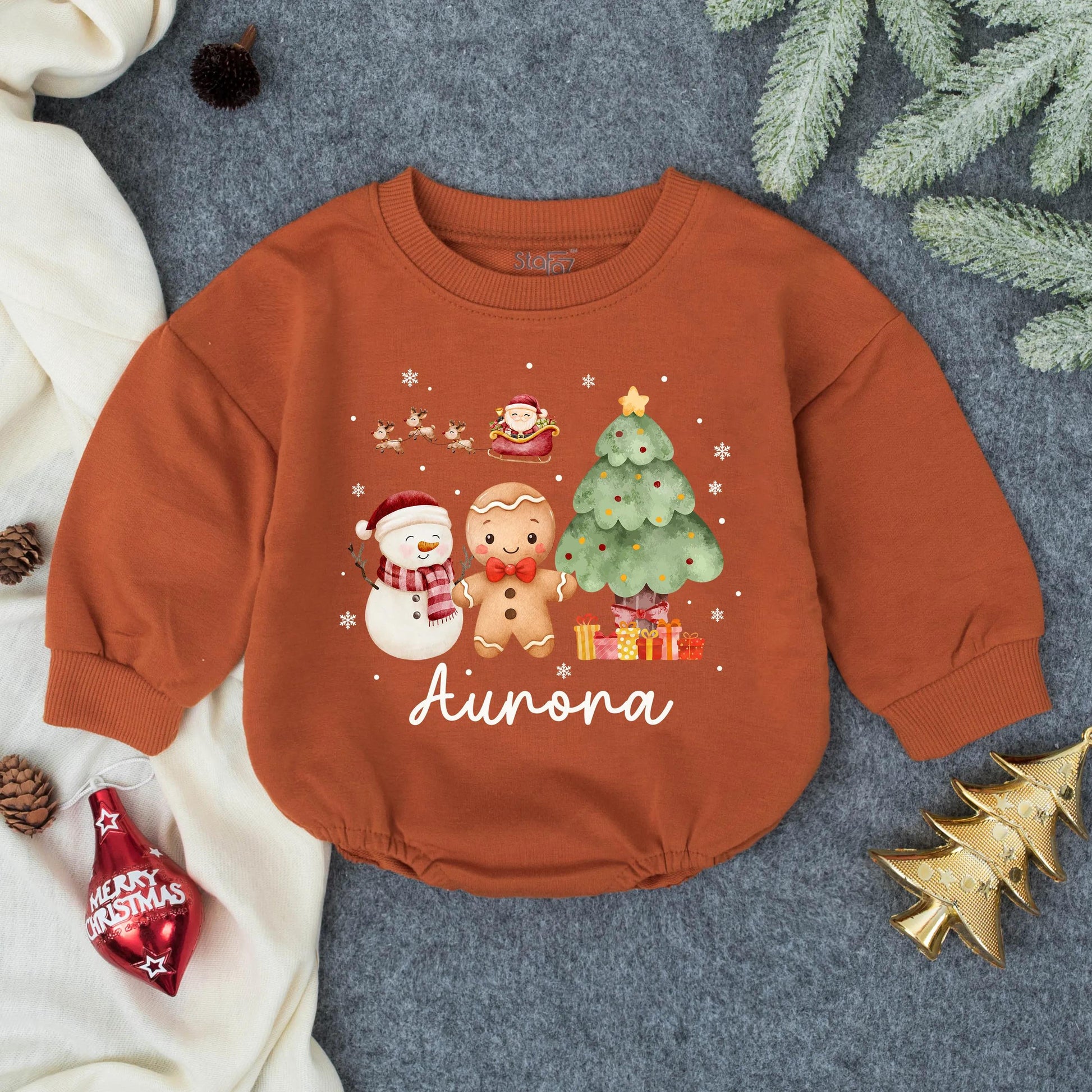 Customized Aurora Watercolor Christmas Bubble Romper Toddler Girl First Christmas Bow Outfit Cute Snowman Gingerbread Gift 130