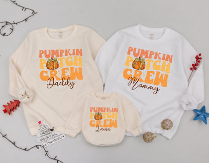 Personalized Pumpkin Patch Crew Matching Family Sweatshirt, Retro Fall Outfit for Toddler Kid, Custom Thanksgiving Gift, Cheetah Pumpkin Bow 139char