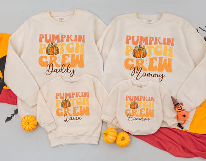 Personalized Pumpkin Patch Crew Matching Family Sweatshirt, Retro Fall Outfit for Toddler Kid, Custom Thanksgiving Gift, Cheetah Pumpkin Bow 139char