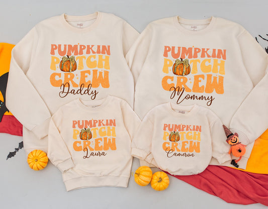 Personalized Pumpkin Patch Crew Matching Family Sweatshirt, Retro Fall Outfit for Toddler Kid, Custom Thanksgiving Gift, Cheetah Pumpkin Bow 139char