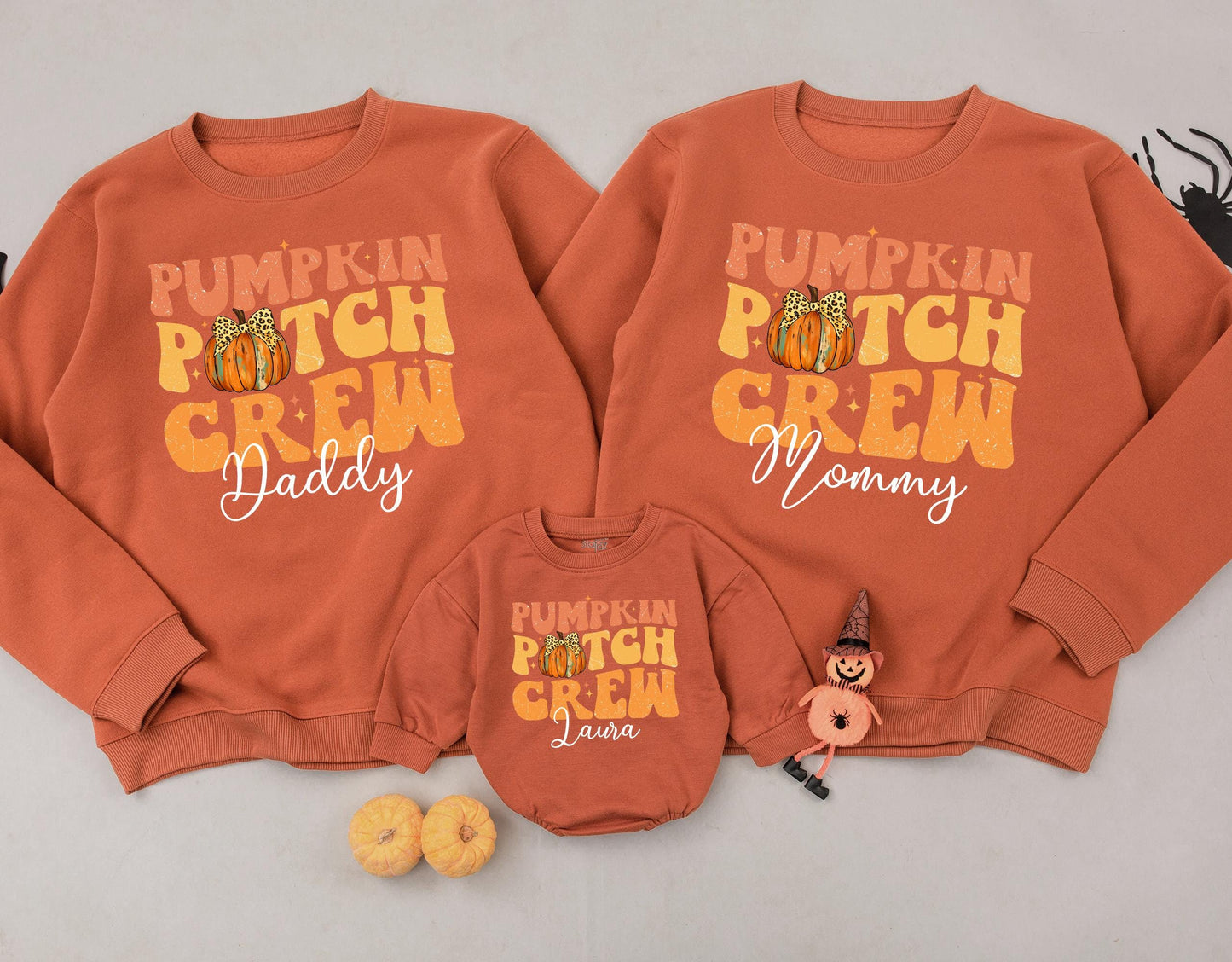 Personalized Pumpkin Patch Crew Matching Family Sweatshirt, Retro Fall Outfit for Toddler Kid, Custom Thanksgiving Gift, Cheetah Pumpkin Bow 139char