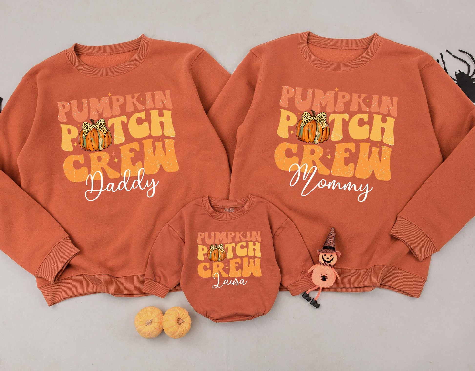 Personalized Pumpkin Patch Crew Matching Family Sweatshirt, Retro Fall Outfit for Toddler Kid, Custom Thanksgiving Gift, Cheetah Pumpkin Bow 139char