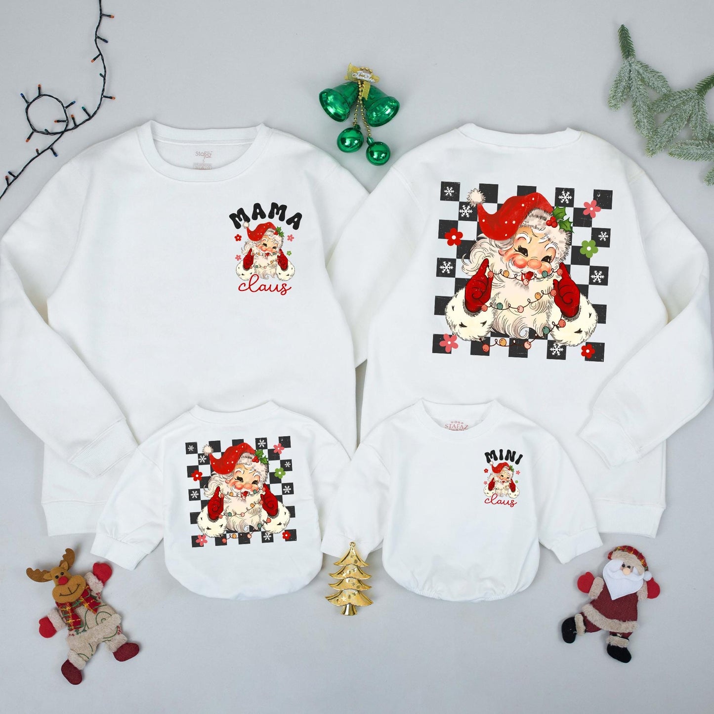 Retro Mama and Mini Claus Sweatshirt Set, Vintage Santa Christmas Family Outfit, Mommy and Me Holiday Sweaters, Matching Festive Gift, Checkerboard Details