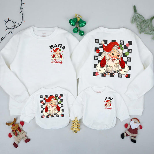 Retro Mama and Mini Claus Sweatshirt Set, Vintage Santa Christmas Family Outfit, Mommy and Me Holiday Sweaters, Matching Festive Gift, Checkerboard Details