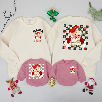 Retro Mama and Mini Claus Sweatshirt Set, Vintage Santa Christmas Family Outfit, Mommy and Me Holiday Sweaters, Matching Festive Gift, Checkerboard Details