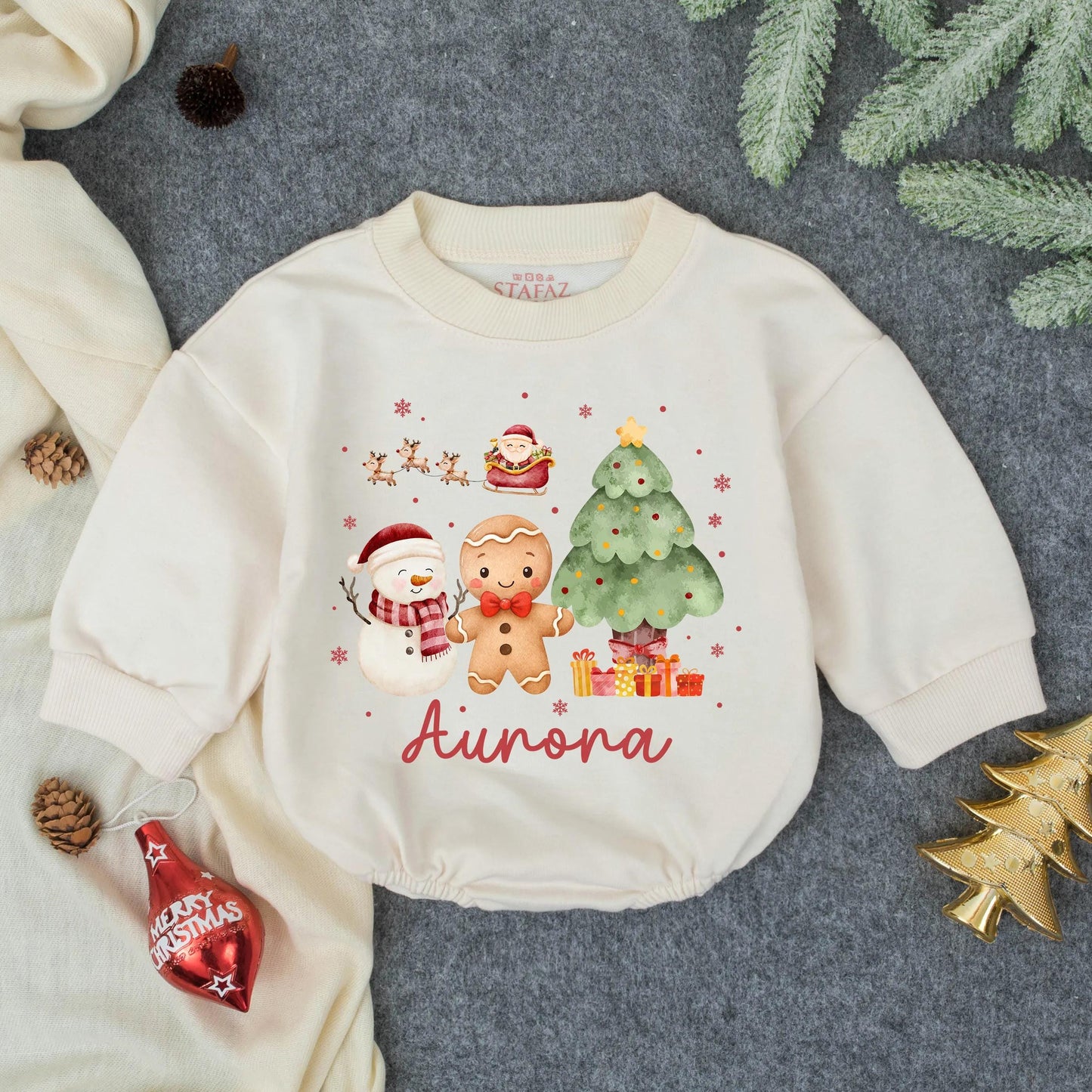 Customized Aurora Watercolor Christmas Bubble Romper Toddler Girl First Christmas Bow Outfit Cute Snowman Gingerbread Gift 130