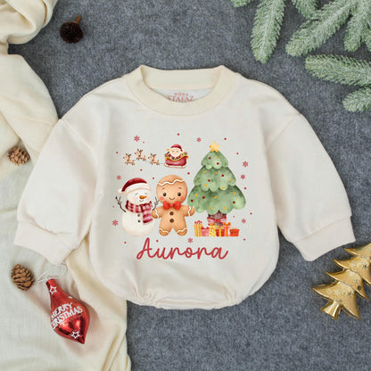 Customized Aurora Watercolor Christmas Bubble Romper Toddler Girl First Christmas Bow Outfit Cute Snowman Gingerbread Gift 130