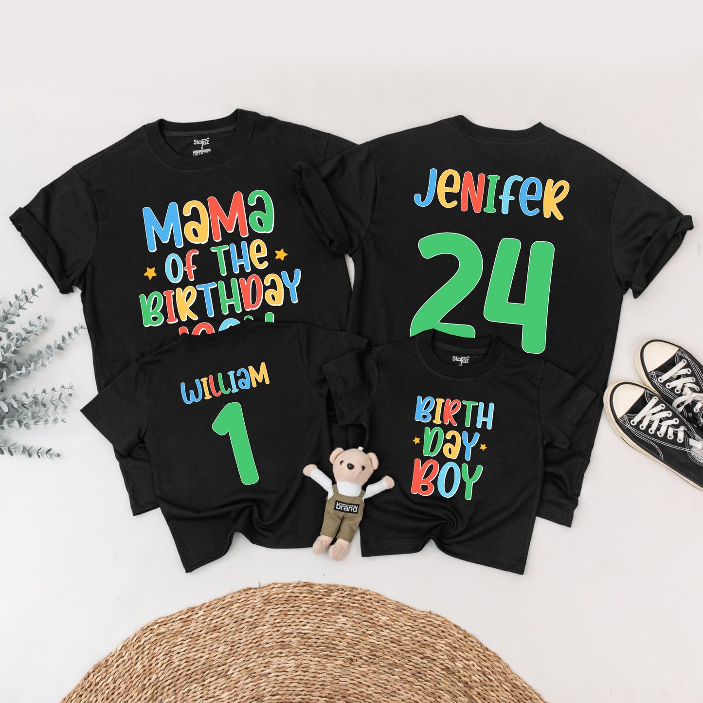 Birthday Boy Family Matching Shirts Mama of Birthday Boy Jenifer 24 Colorful Cartoon Style Fun Celebration Outfits
