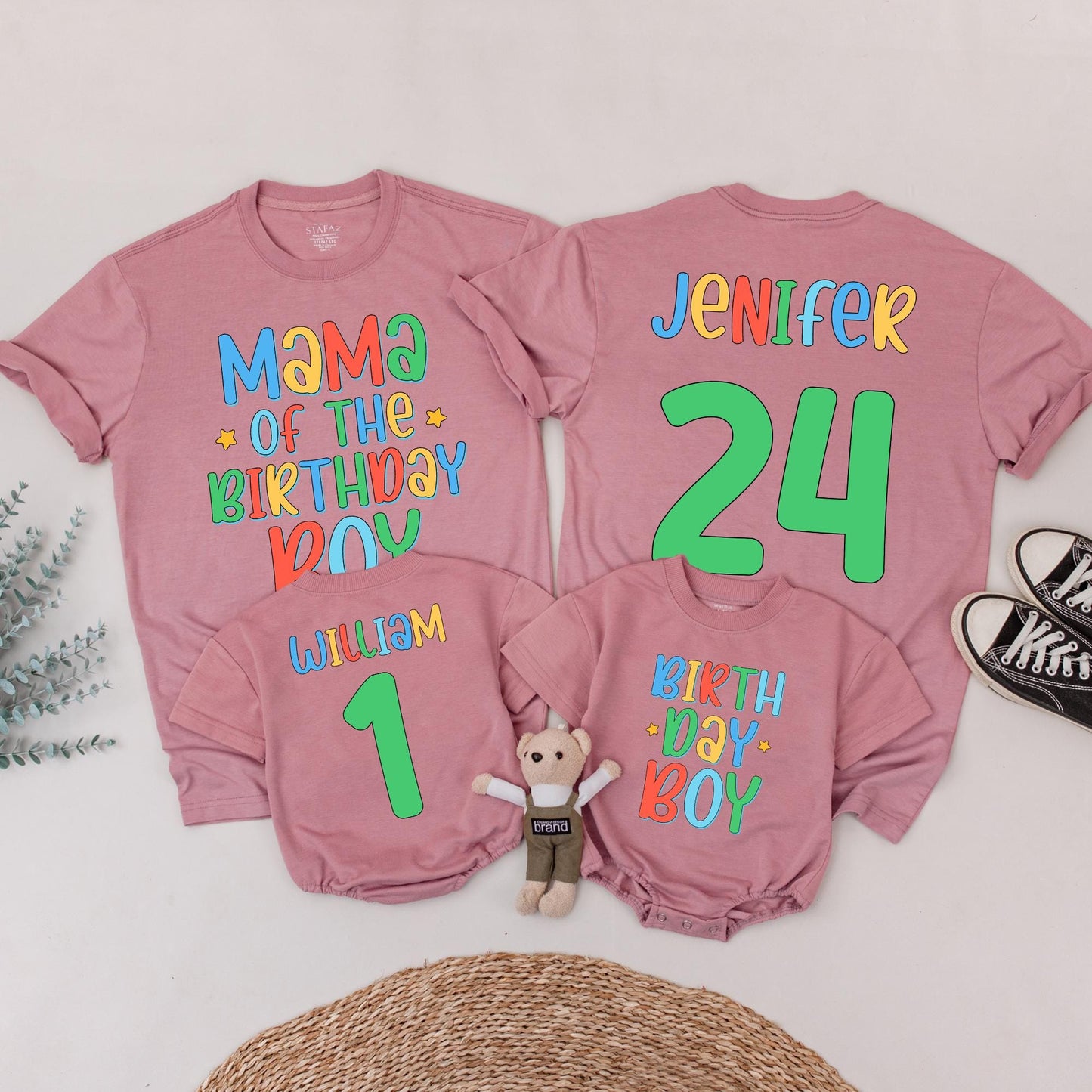 Birthday Boy Family Matching Shirts Mama of Birthday Boy Jenifer 24 Colorful Cartoon Style Fun Celebration Outfits