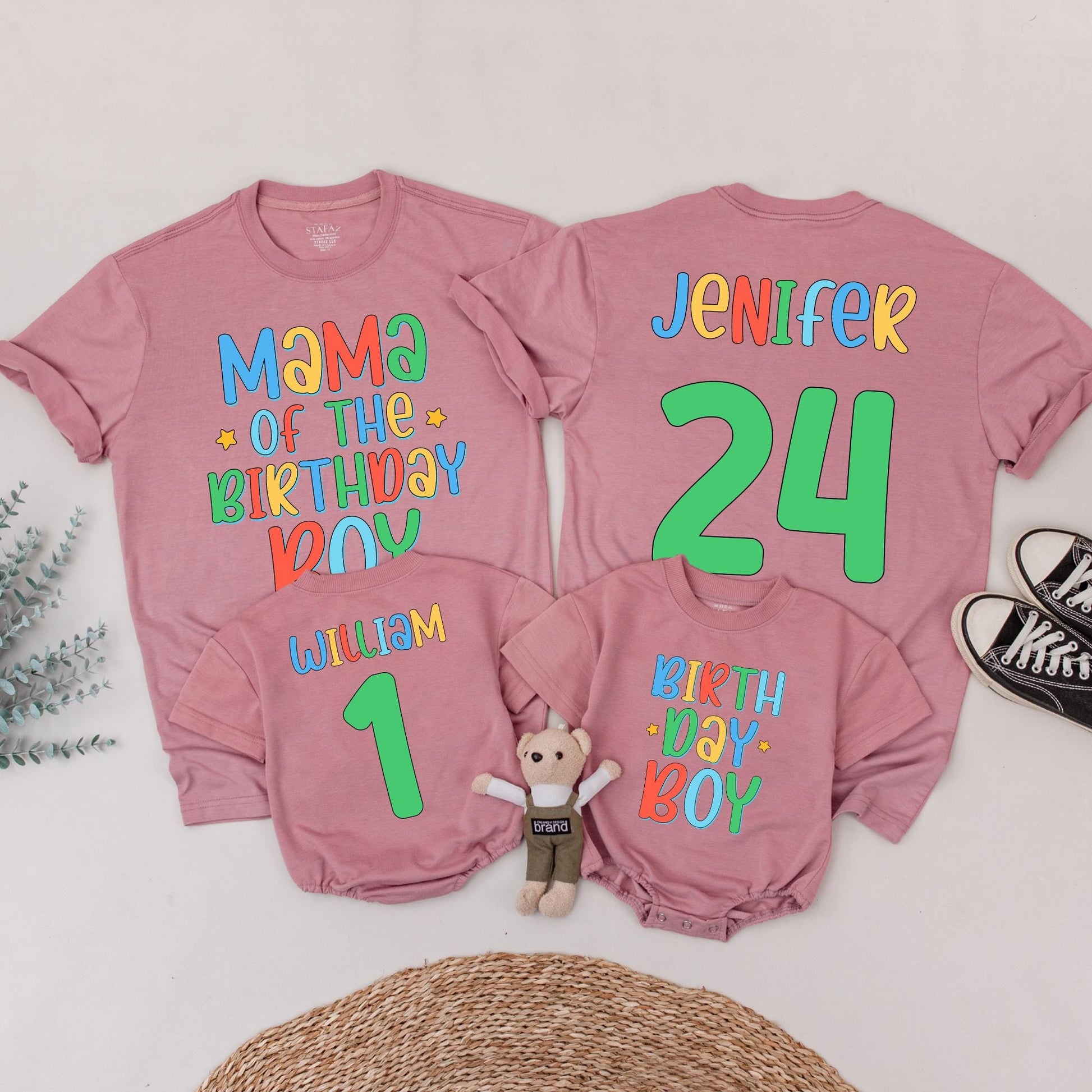 Birthday Boy Family Matching Shirts Mama of Birthday Boy Jenifer 24 Colorful Cartoon Style Fun Celebration Outfits