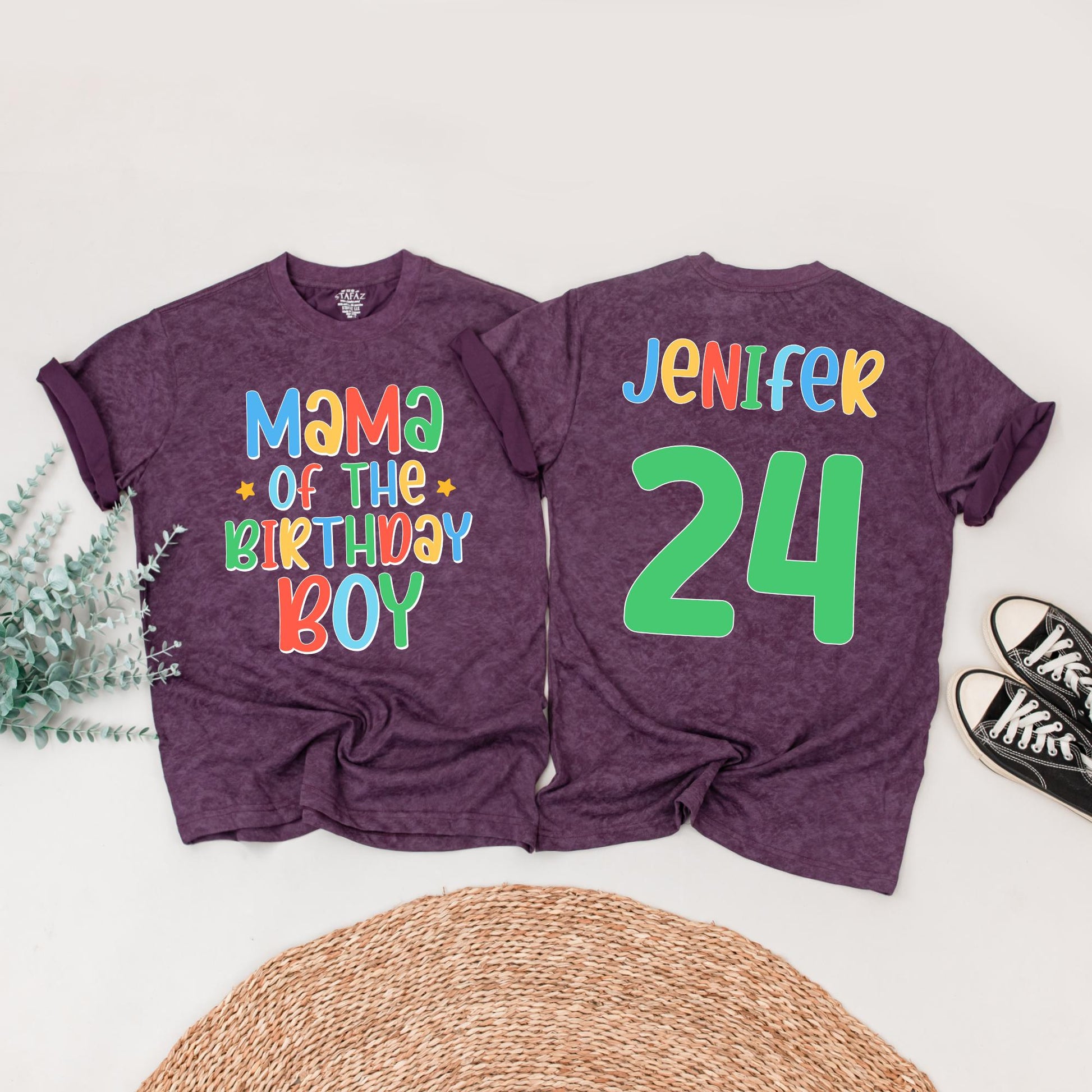 Birthday Boy Family Matching Shirts Mama of Birthday Boy Jenifer 24 Colorful Cartoon Style Fun Celebration Outfits