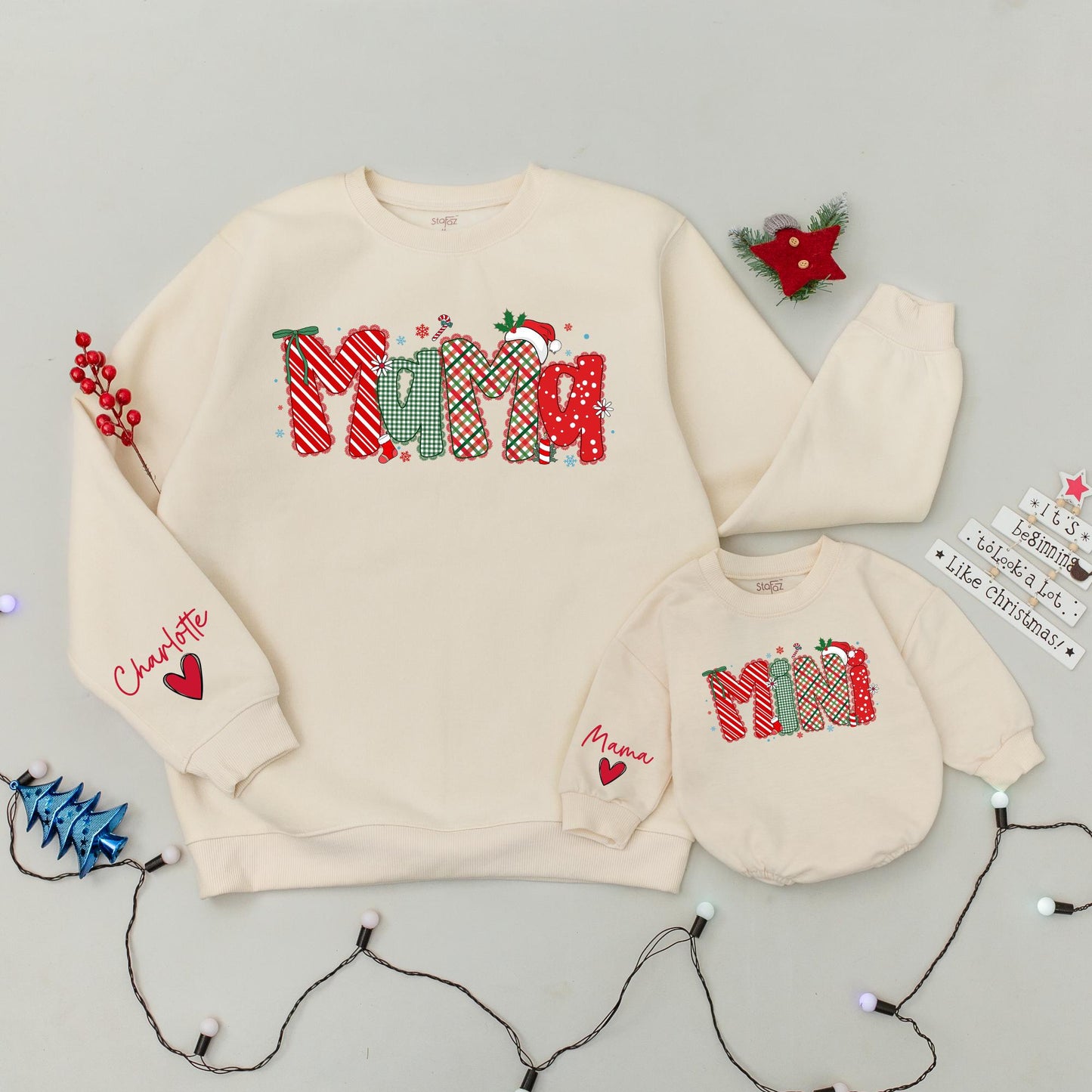 Matching Mama Mini Christmas Sweatshirts, Personalized Family Holiday Sweaters, Red & Green Festive Design, Xmas Gift