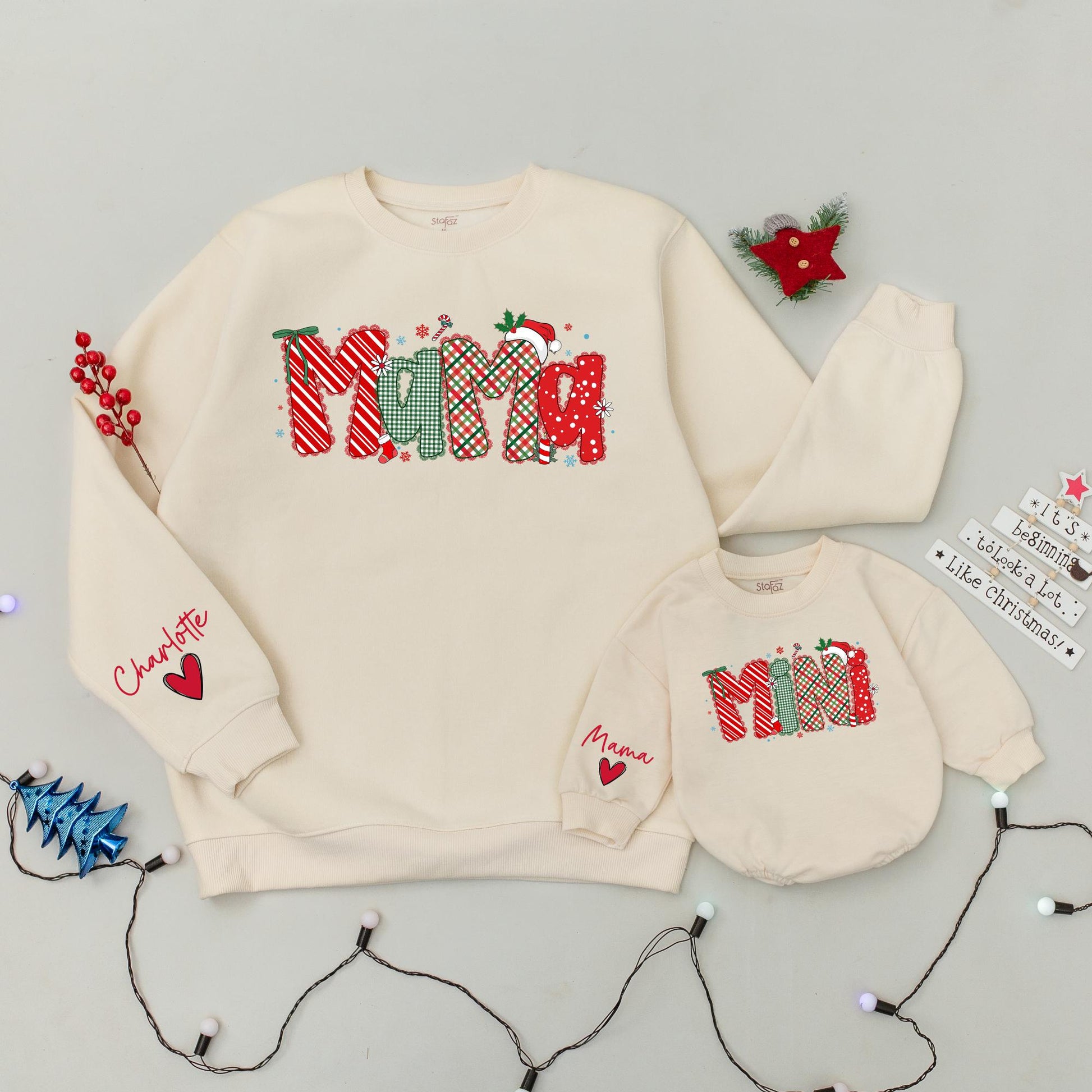 Matching Mama Mini Christmas Sweatshirts, Personalized Family Holiday Sweaters, Red & Green Festive Design, Xmas Gift