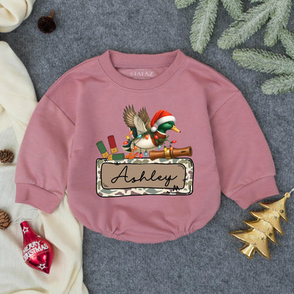 Personalized Christmas Bubble Romper Mallard Duck Santa Hat Lights Rustic Camo Banner Ashley My First Christmas Gift Baby Boy