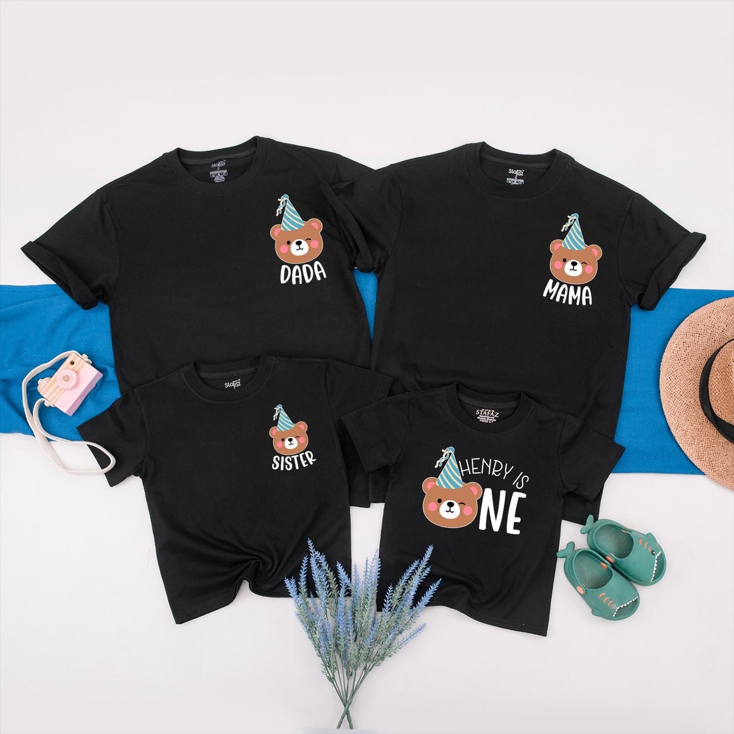 Matching Family Bear Birthday Shirts with Playful Brown Teal White Cartoon Design, First 1st Birthday Party Outfits for Mom Dad Baby