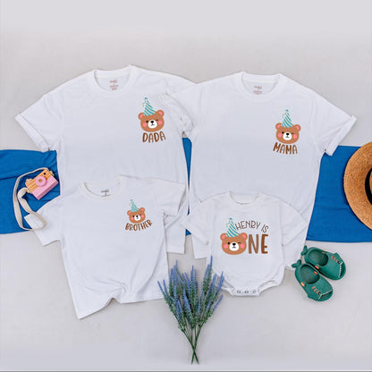 Matching Family Bear Birthday Shirts with Playful Brown Teal White Cartoon Design, First 1st Birthday Party Outfits for Mom Dad Baby