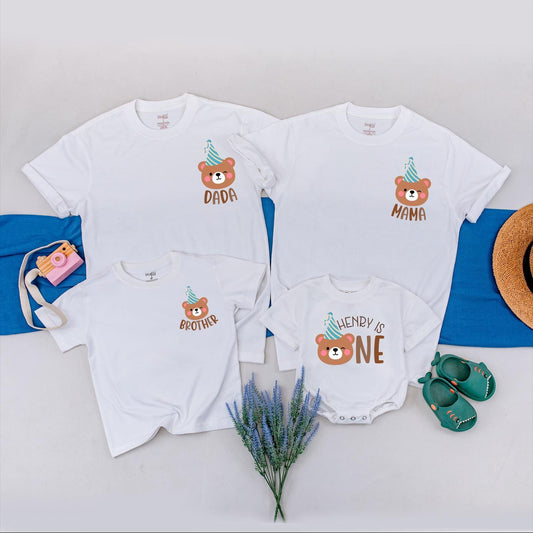 Matching Family Bear Birthday Shirts with Playful Brown Teal White Cartoon Design, First 1st Birthday Party Outfits for Mom Dad Baby