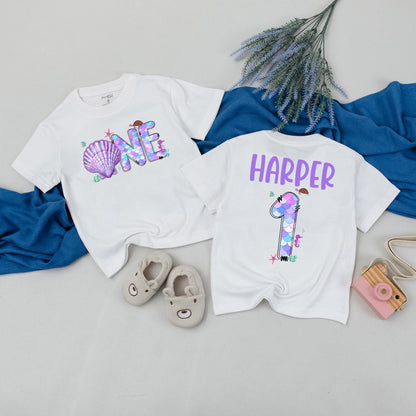 Custom Mermaid Birthday Girl Shirt with Sparkling Scales Family Ocean Party Tees Under the Sea Celebration First Year Keepsake