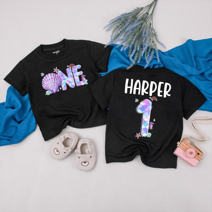 Custom Mermaid Birthday Girl Shirt with Sparkling Scales Family Ocean Party Tees Under the Sea Celebration First Year Keepsake