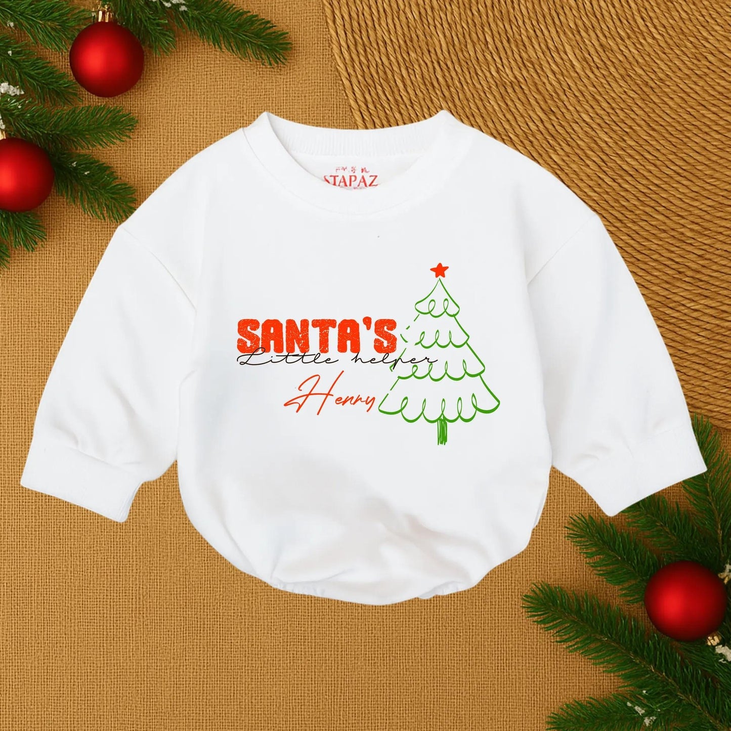 Santa's Little Helper Christmas Baby Romper, Bodysuit, or Outfit - Red Text & Green Tree Design, Custom Name Baby Shower Gift