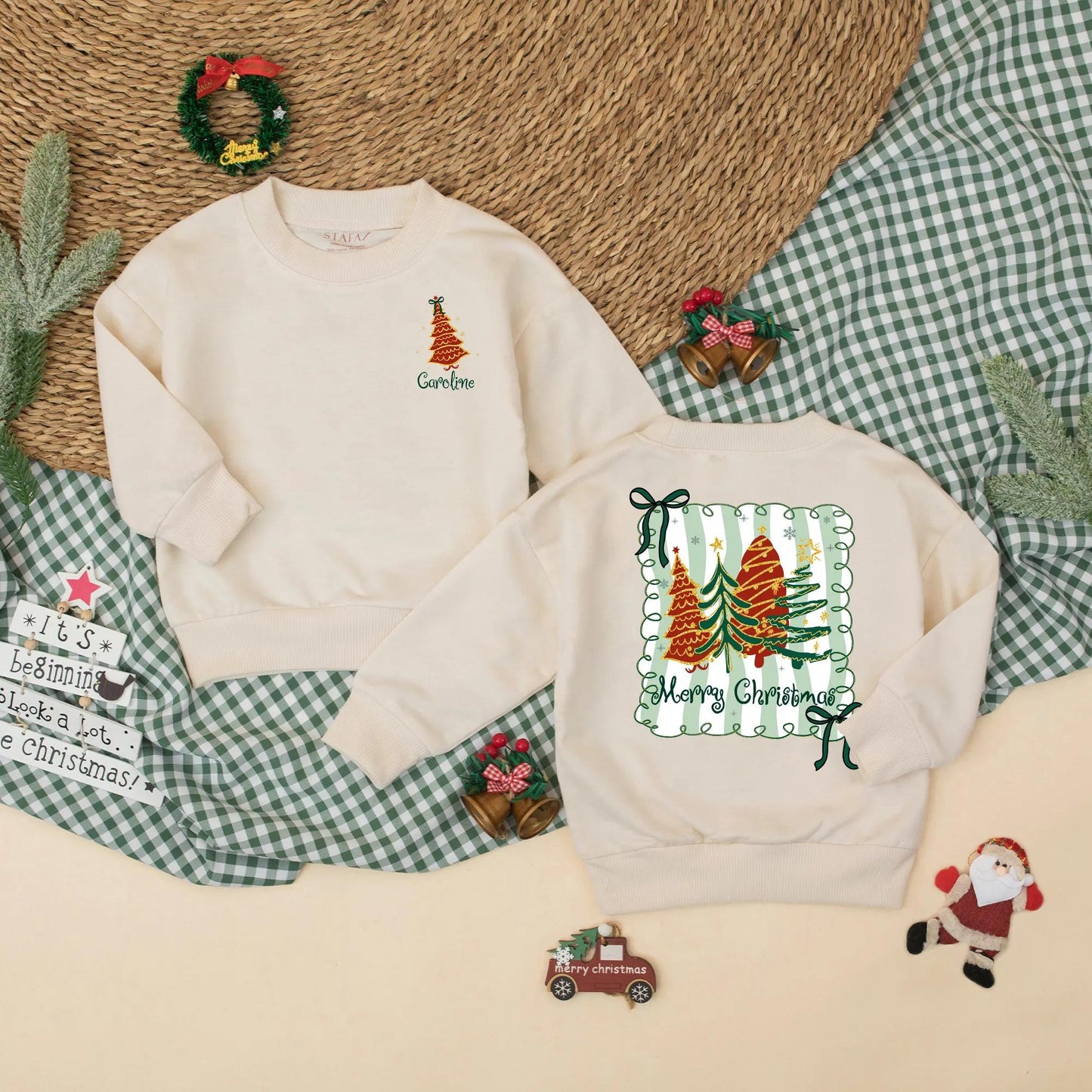 Personalized Preppy Christmas Tree Bubble Romper Custom Holiday Baby Outfit with Green Name Xmas Baby Clothes First Christmas Girl Gift