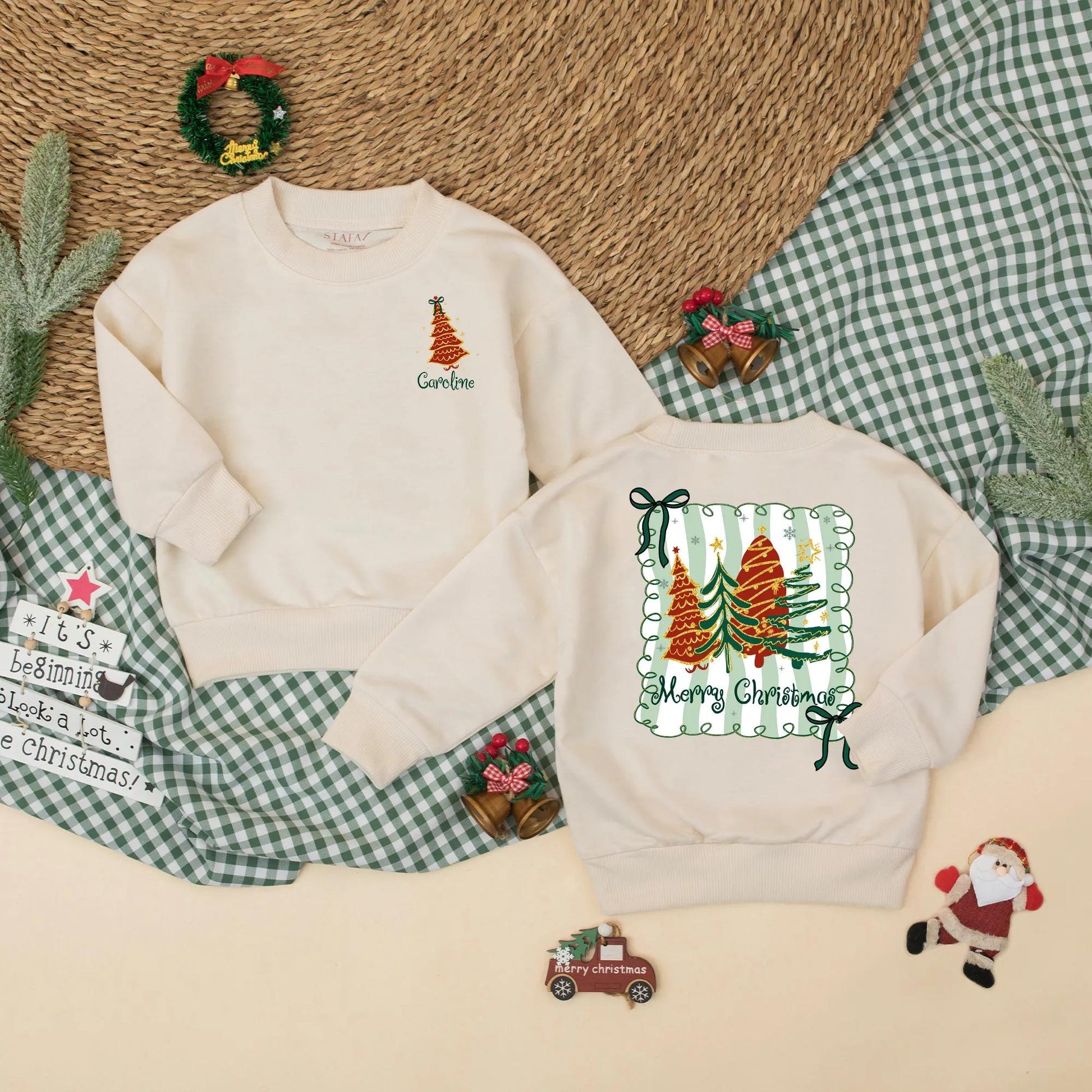 Personalized Preppy Christmas Tree Bubble Romper Custom Holiday Baby Outfit with Green Name Xmas Baby Clothes First Christmas Girl Gift