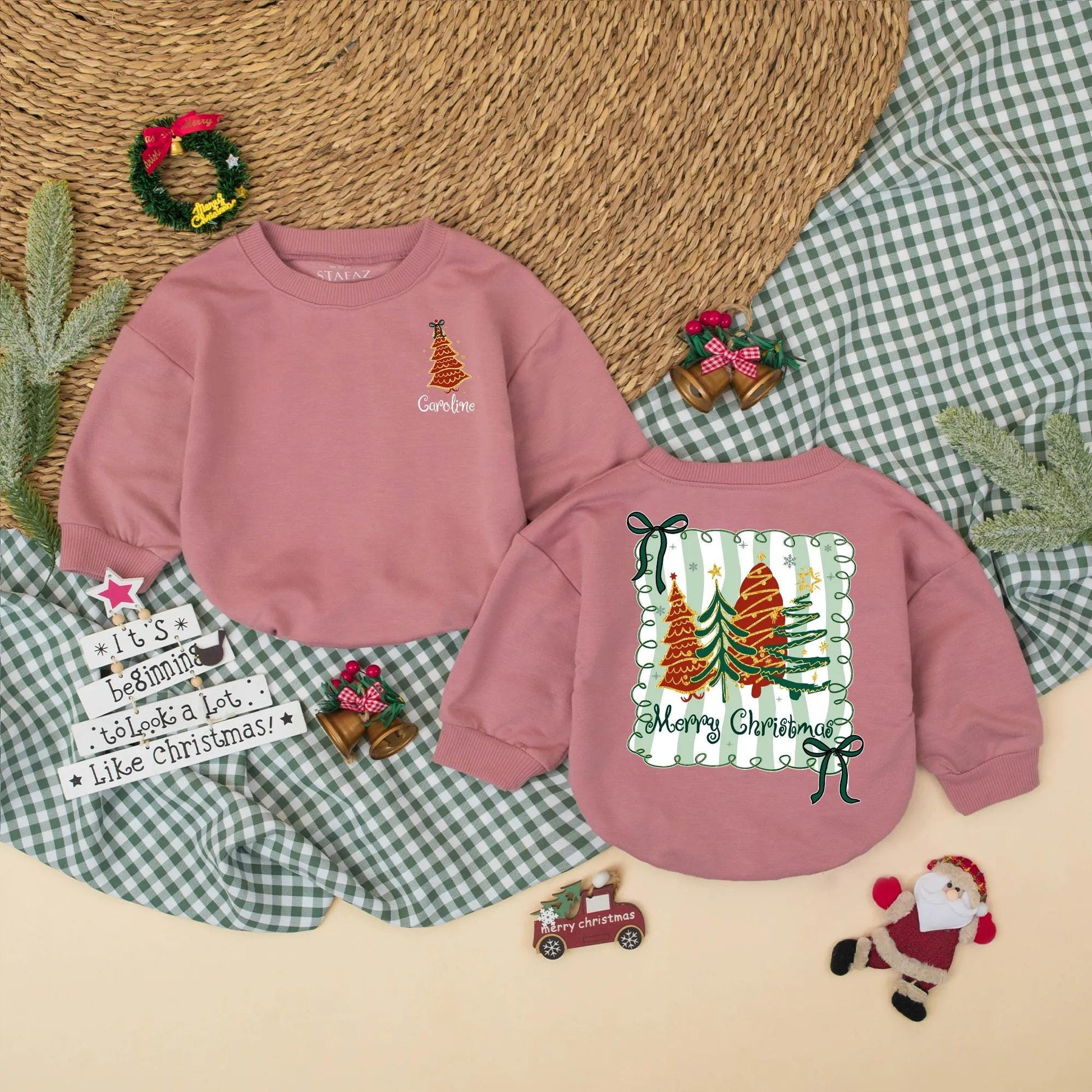 Personalized Preppy Christmas Tree Bubble Romper Custom Holiday Baby Outfit with Green Name Xmas Baby Clothes First Christmas Girl Gift