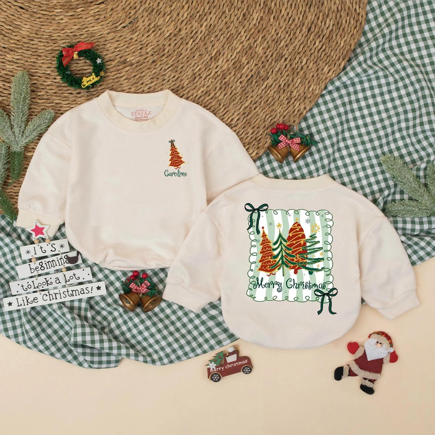 Personalized Preppy Christmas Tree Bubble Romper Custom Holiday Baby Outfit with Green Name Xmas Baby Clothes First Christmas Girl Gift