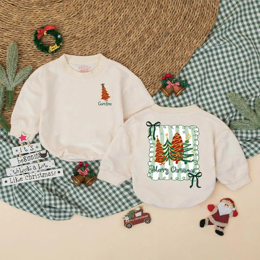 Personalized Preppy Christmas Tree Bubble Romper Custom Holiday Baby Outfit with Green Name Xmas Baby Clothes First Christmas Girl Gift