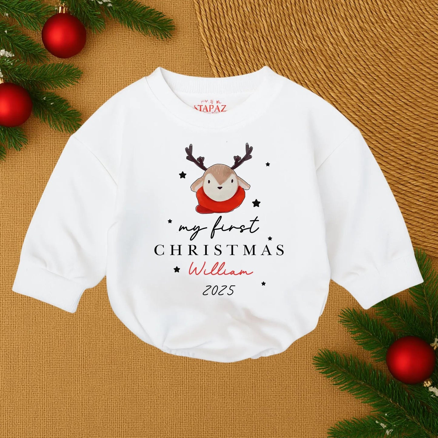 My First Christmas 2025 Baby Bubble Romper for William Cute Reindeer Red Scarf Stars Personalized Infant Boy Christmas Outfit Holiday Baby Gift