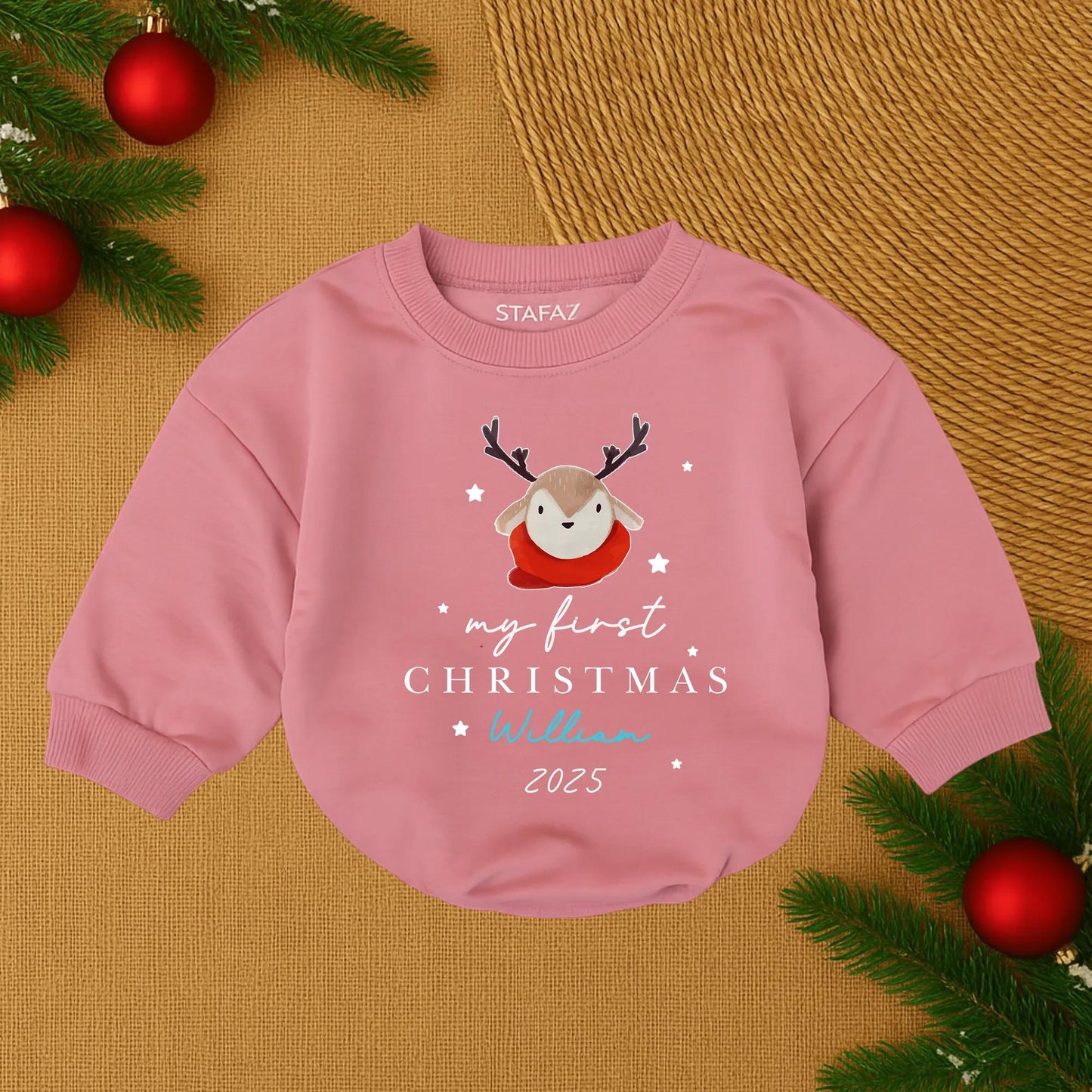 My First Christmas 2025 Baby Bubble Romper for William Cute Reindeer Red Scarf Stars Personalized Infant Boy Christmas Outfit Holiday Baby Gift
