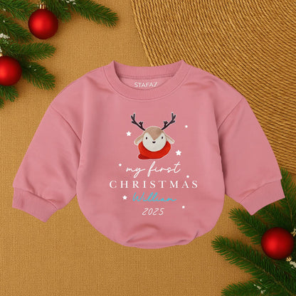 My First Christmas 2025 Baby Bubble Romper for William Cute Reindeer Red Scarf Stars Personalized Infant Boy Christmas Outfit Holiday Baby Gift