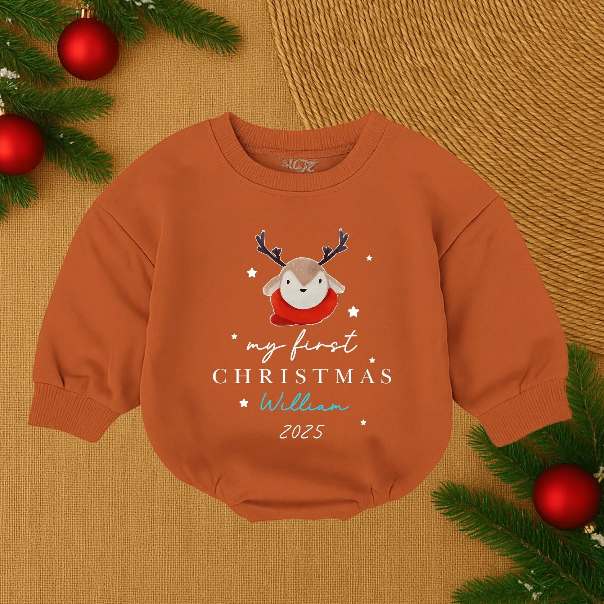 My First Christmas 2025 Baby Bubble Romper for William Cute Reindeer Red Scarf Stars Personalized Infant Boy Christmas Outfit Holiday Baby Gift