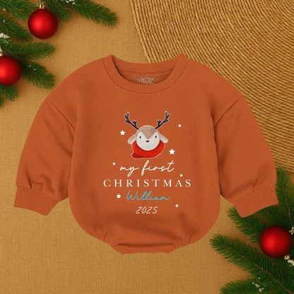 My First Christmas 2025 Baby Bubble Romper for William Cute Reindeer Red Scarf Stars Personalized Infant Boy Christmas Outfit Holiday Baby Gift
