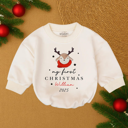 My First Christmas 2025 Baby Bubble Romper for William Cute Reindeer Red Scarf Stars Personalized Infant Boy Christmas Outfit Holiday Baby Gift