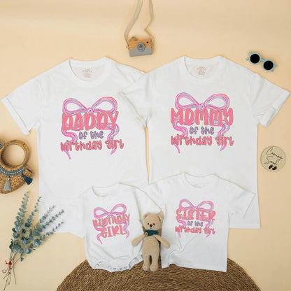 Matching Family Pink Bow First Birthday Girl Party Shirts with Swirling Design Bubble Letters One Year Old Celebration Gift Outfits