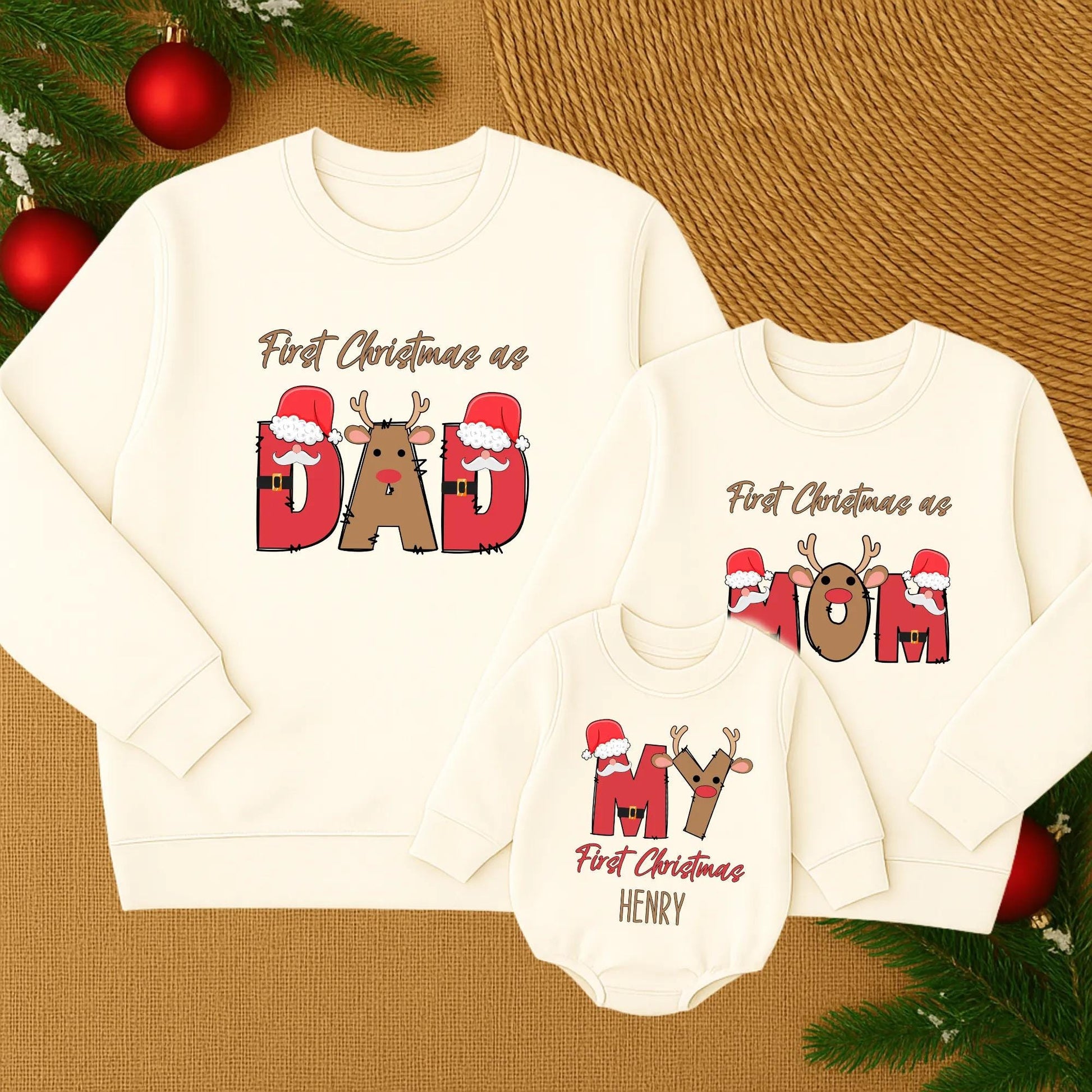 First Christmas as Dad Matching Family Sweatshirt Red Brown White Reindeer Santa Hat Graphics Custom Name Holiday Gift Cozy Festive Fun