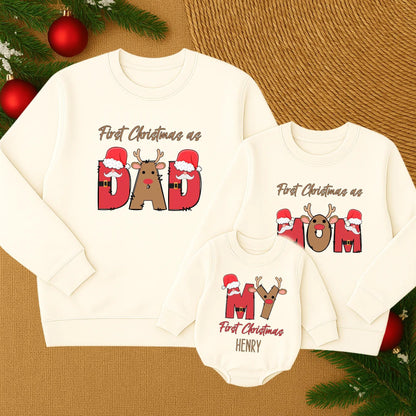 First Christmas as Dad Matching Family Sweatshirt Red Brown White Reindeer Santa Hat Graphics Custom Name Holiday Gift Cozy Festive Fun