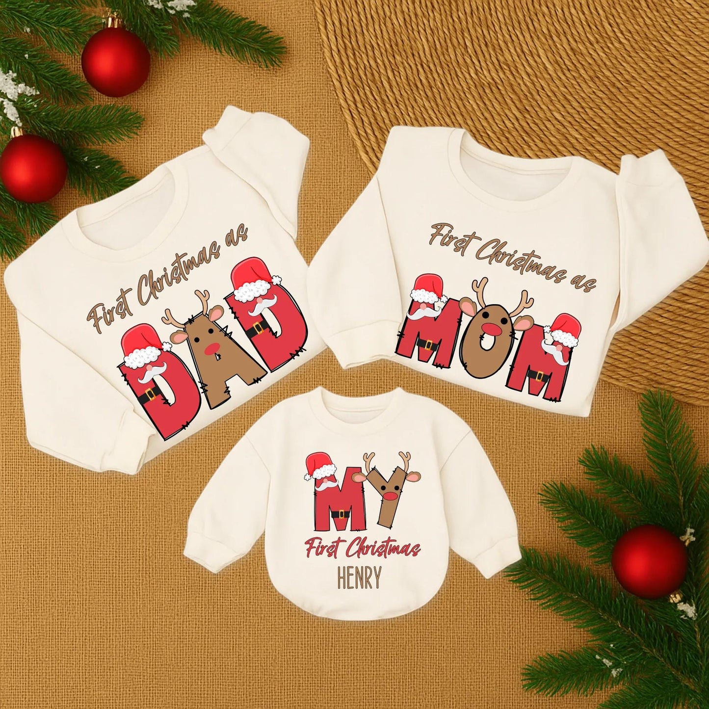 First Christmas as Dad Matching Family Sweatshirt Red Brown White Reindeer Santa Hat Graphics Custom Name Holiday Gift Cozy Festive Fun