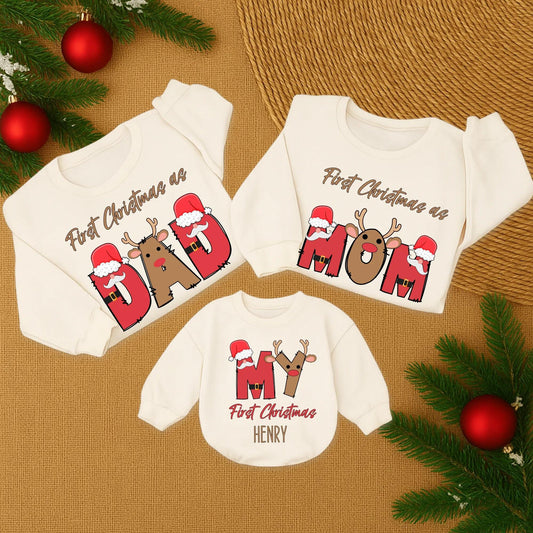 First Christmas as Dad Matching Family Sweatshirt Red Brown White Reindeer Santa Hat Graphics Custom Name Holiday Gift Cozy Festive Fun