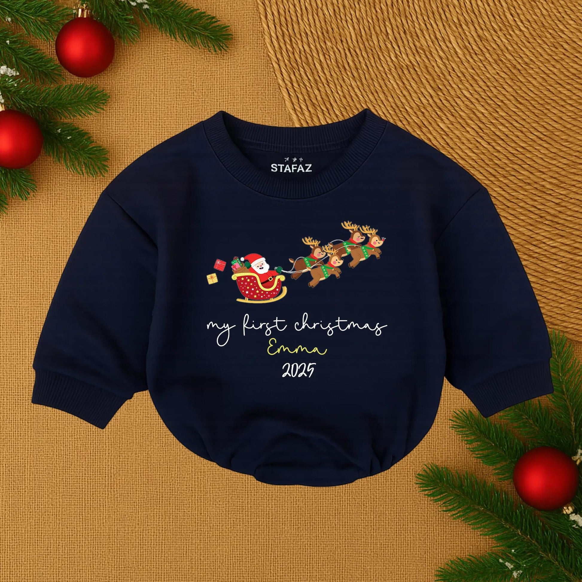 Emma's First Christmas 2025 Cute Santa Sleigh Baby Bubble Romper Personalized Red Green Gold Festive Toddler Outfit