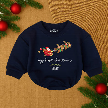 Emma's First Christmas 2025 Cute Santa Sleigh Baby Bubble Romper Personalized Red Green Gold Festive Toddler Outfit