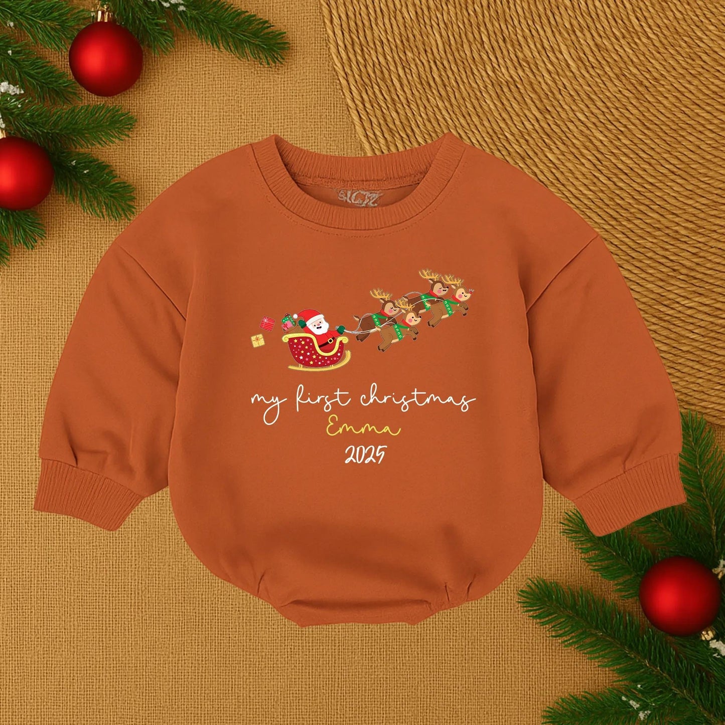 Emma's First Christmas 2025 Cute Santa Sleigh Baby Bubble Romper Personalized Red Green Gold Festive Toddler Outfit