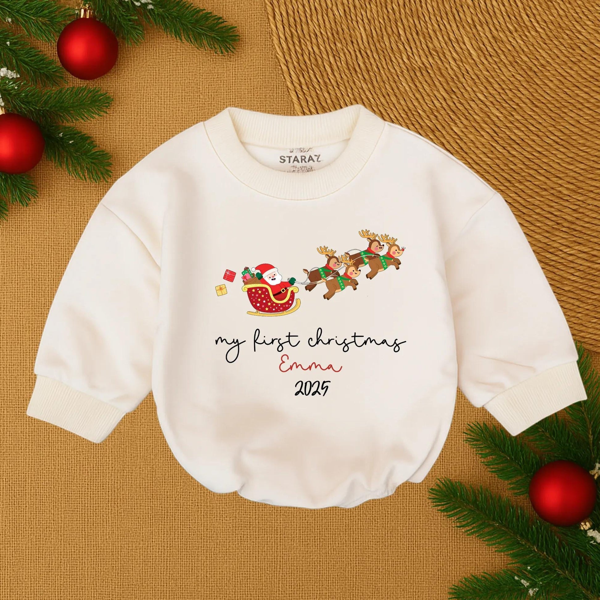 Emma's First Christmas 2025 Cute Santa Sleigh Baby Bubble Romper Personalized Red Green Gold Festive Toddler Outfit