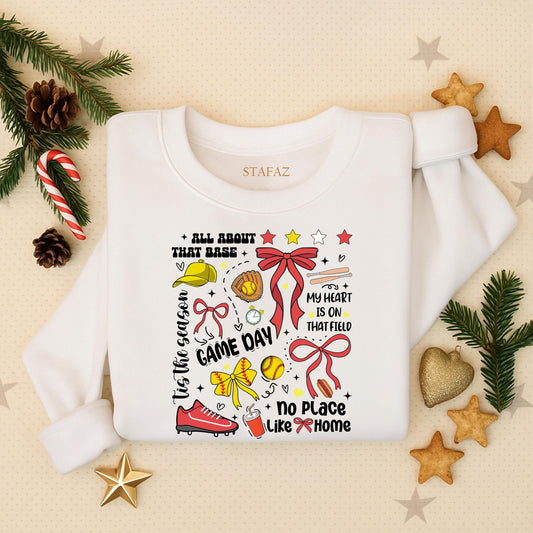 Retro Softball Game Day Sweatshirt Whimsical Cute Player Mom Fan Gift Vintage Colorful Graphics with Bats Bows Hearts & Game Day Spirit