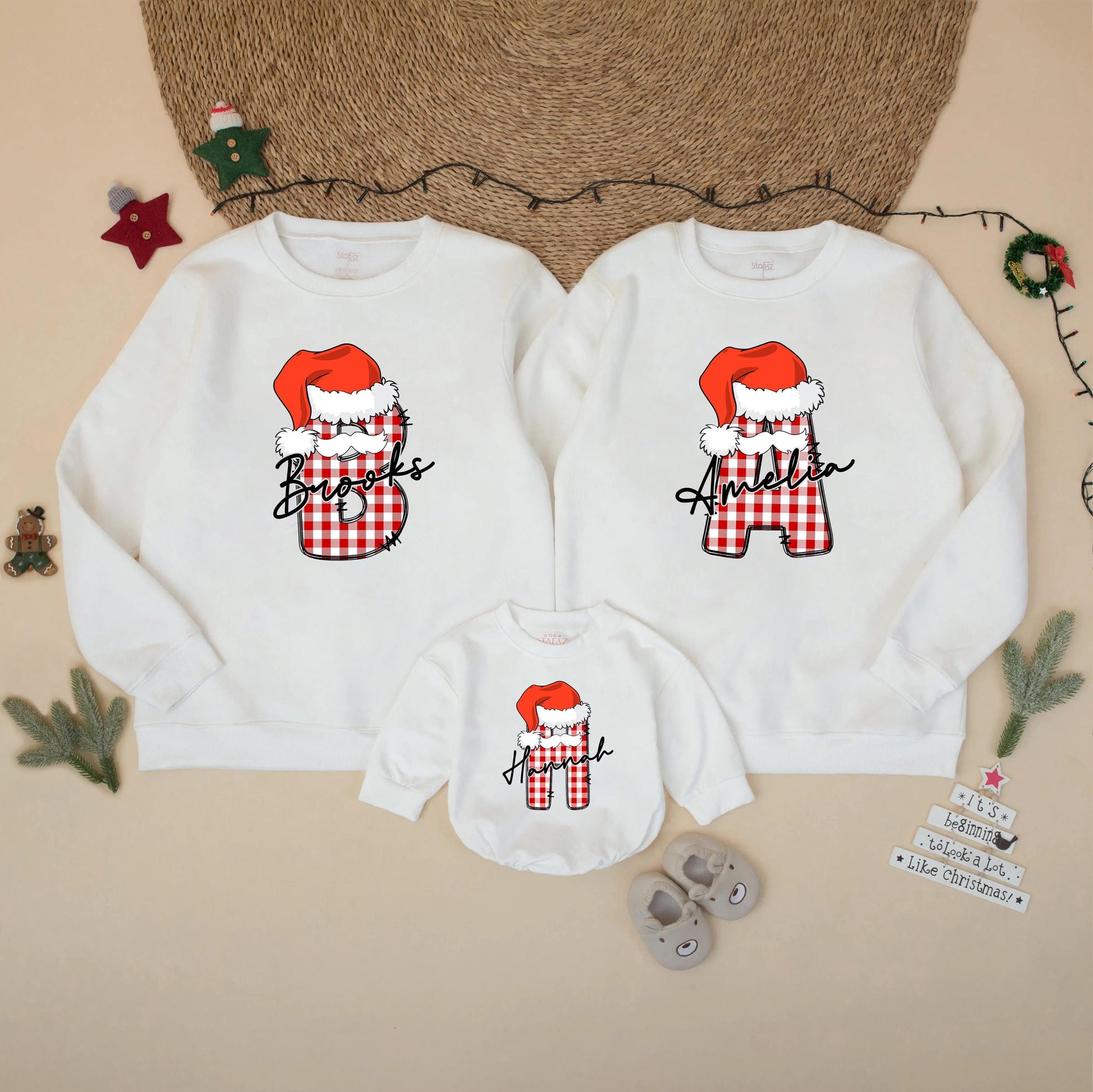 Family Matching Custom Christmas Sweatshirt Red White Buffalo Plaid Initial Santa Hat Script Name Festive Holiday Sweater