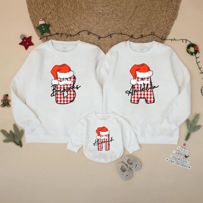 Family Matching Custom Christmas Sweatshirt Red White Buffalo Plaid Initial Santa Hat Script Name Festive Holiday Sweater