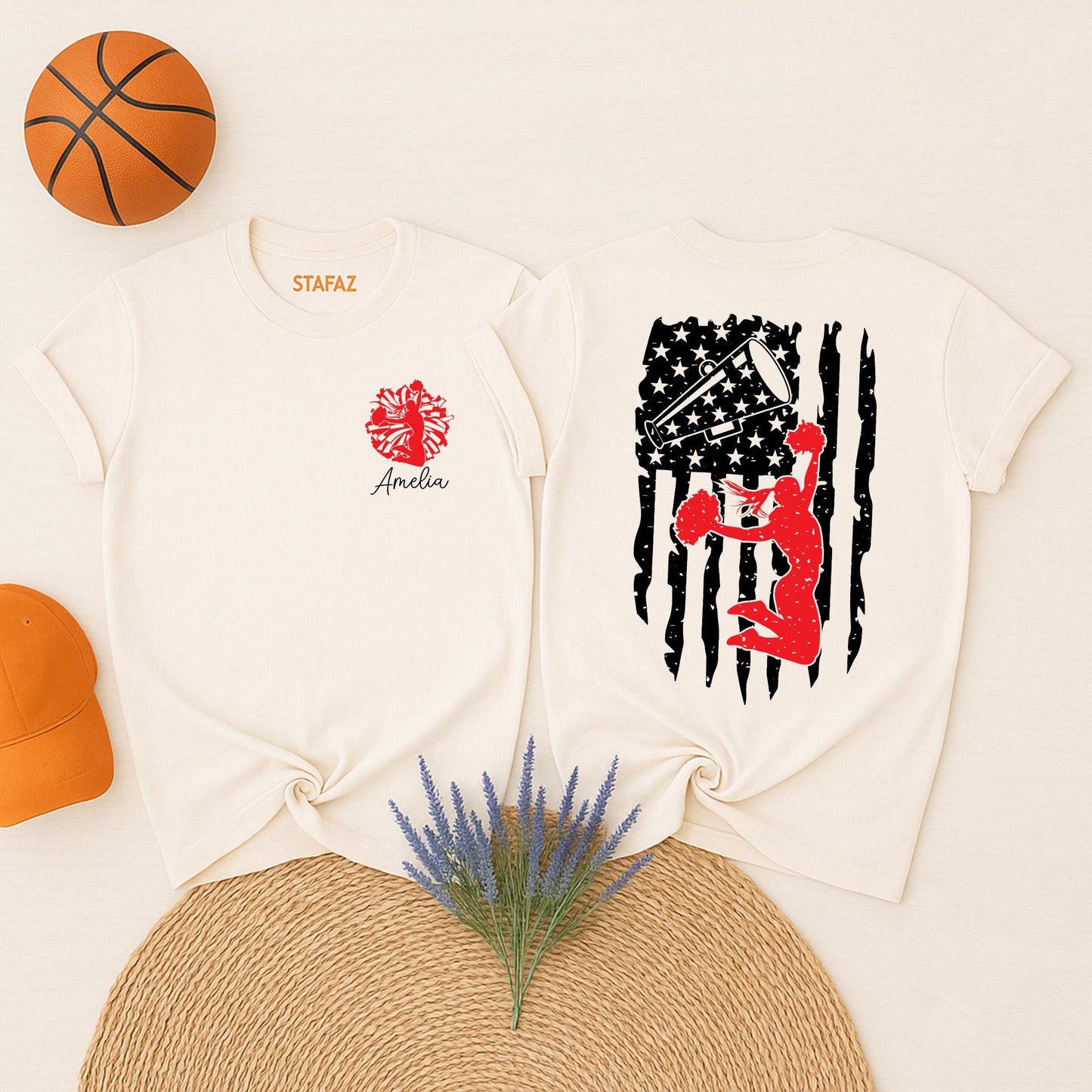 Personalized Cheerleader USA Flag Shirt Custom Name Spirit Wear Patriotic Red Silhouette Design Cheer Mom Support Gift Tee