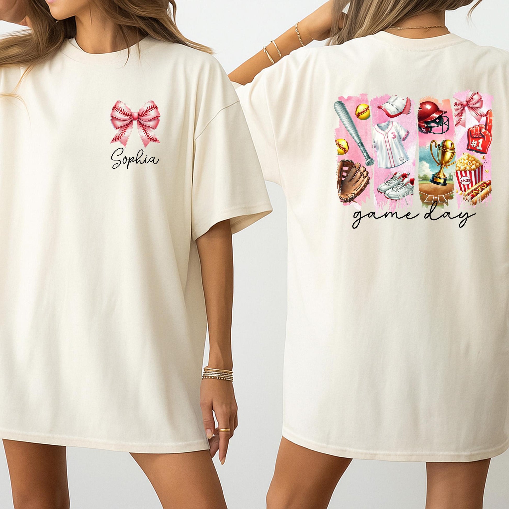 Personalized Softball Game Day Shirt: Custom Name Pink Bow & Softball Icons Tee, Cute Team Player Outfit for Girls & Moms, Unique Softball Fan Gift Idea