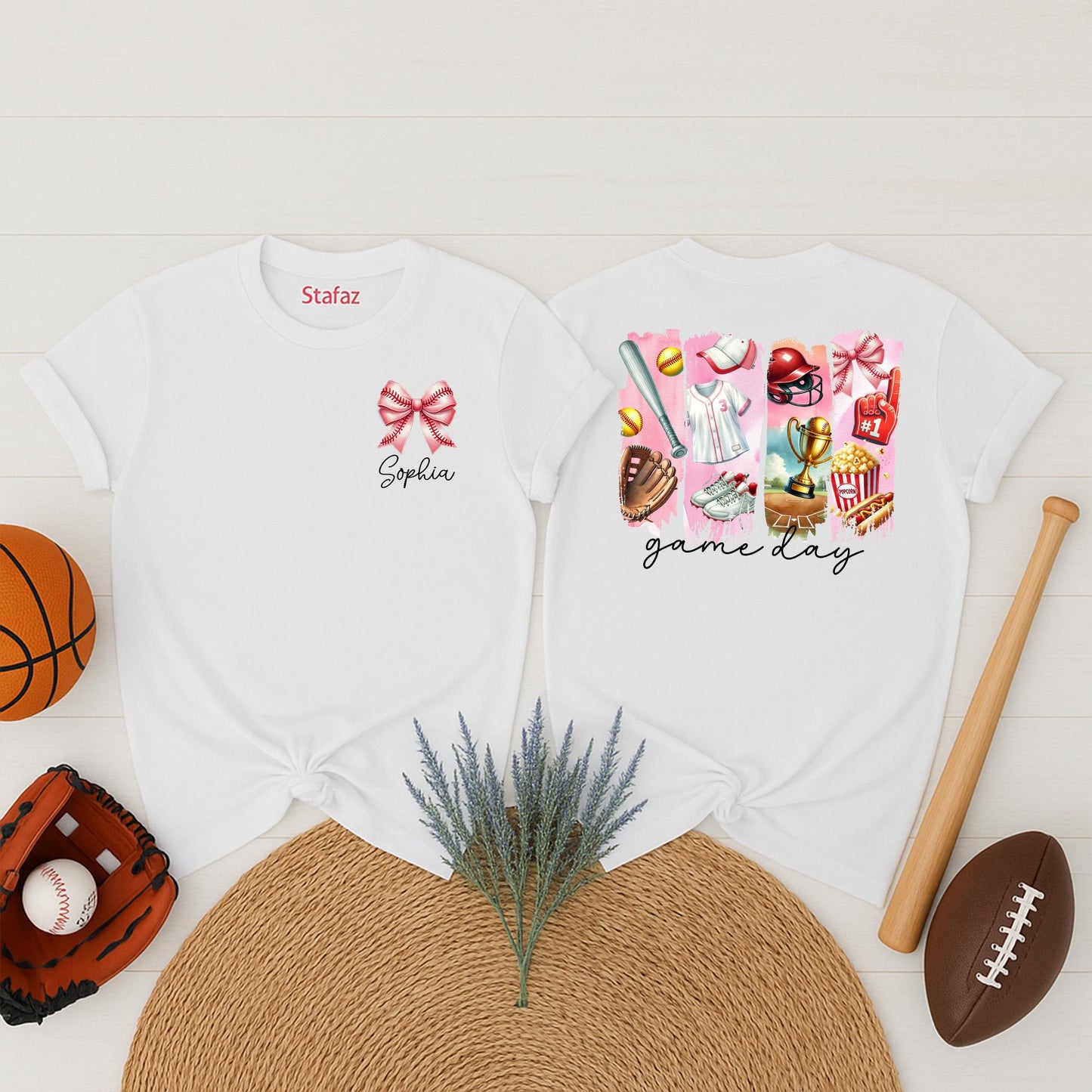 Personalized Softball Game Day Shirt: Custom Name Pink Bow & Softball Icons Tee, Cute Team Player Outfit for Girls & Moms, Unique Softball Fan Gift Idea